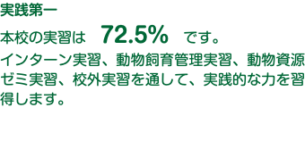 実践第一 本校の実習は　72.5%　です。 インターン実習、動物飼育管理実習、動物資源ゼミ実習、校外実習を通して、実践的な力を習得します。